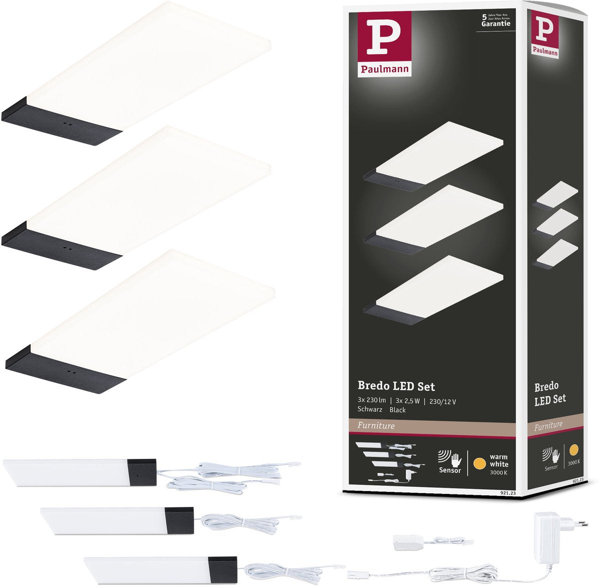 Paulmann LED Unterschrankbeleuchtung Bredo Näherungsschalter 3er Set 3x2,5w 80x190 mm 3x180lm 230 12v schwarz