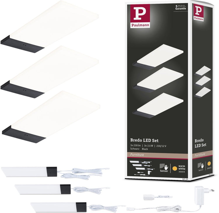 Paulmann LED Unterschrankbeleuchtung Bredo Näherungsschalter 3er Set 3x2,5w 80x190 mm 3x180lm 230 12v schwarz