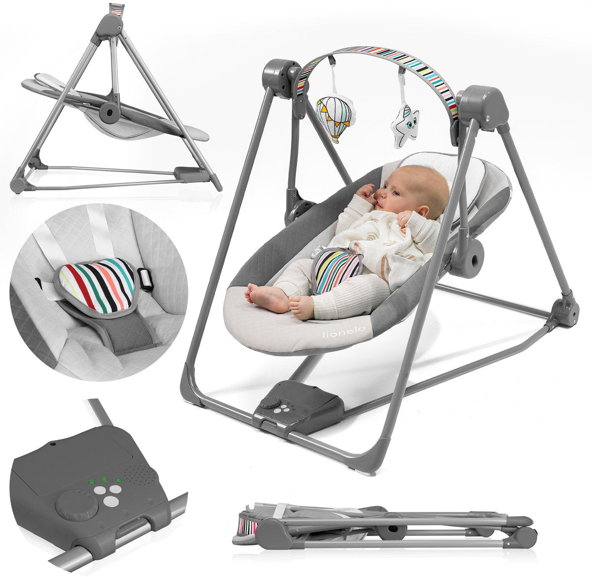 Lionelo Otto Schaukelstuhl – bis 9 kg – 5 Schaukelgeschwindigkeiten – Timer – Spielbogen – Geräusche – Batterie-Netzbetrieb – klappbar – weiche Polsterung – 5-Punkt-Gurt – Kissen – Anti-Rutsch – kontrastierende Details – Intertek-zertifiziert