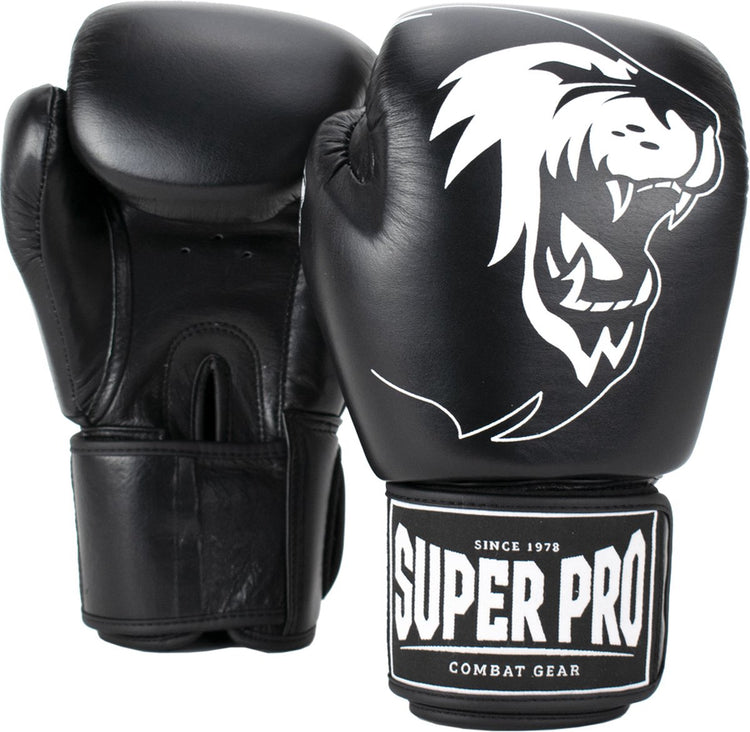Super Pro Combat Gear Warrior Leder (Kick)Boxhandschuhe schwarz und weiß 8oz
