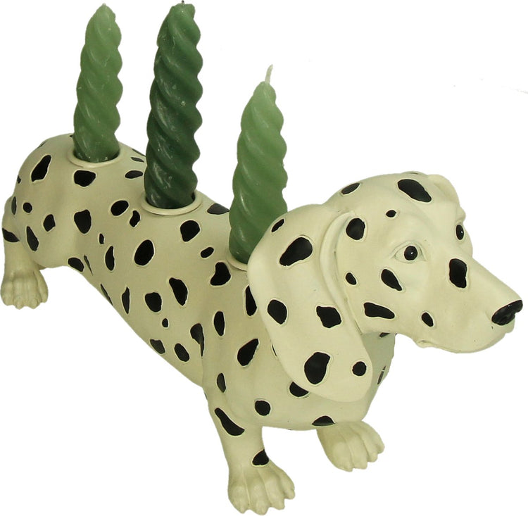 HD-Kerzenständer Dackel mit Punkten aus schwarzem und weißem Polyresin, 33,5 x 9,5 x 17 cm