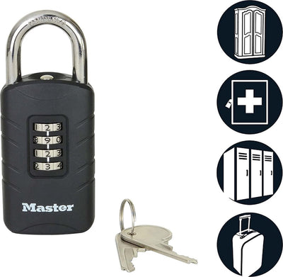 Masterlock Vorhängeschloss und Zahlenschloss in 1 – einzigartiges Schloss mit Zahlencode und Schlüssel – Zahlenschloss – Vorhängeschloss – Master Lock 656eurdblk
