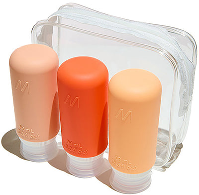 Muitomas Reisetasche + 3 Flaschen – handgepäckfreundlich – Silikon – einfache Farbcodierung – 3 x 98 ml – auslaufsichere Verschlüsse – Pfirsichflaum