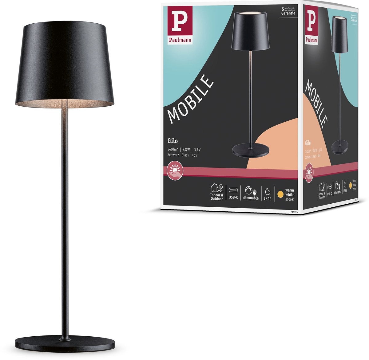 Paulmann Akkulampe Gilo IP44 dimmbar 2700K schwarz matt