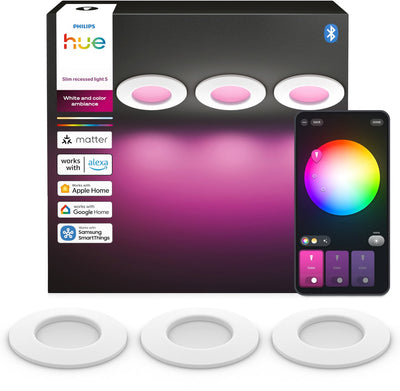 Dünner LED-Einbaustrahler von Philips Hue – Badezimmerbeleuchtung – Gu10-Fassung – enthält 3 Einbaustrahler – einstellbares weißes und farbiges Licht – weiß – IP44: spritzwassergeschützt – ø: 90 mm – intelligente Beleuchtung