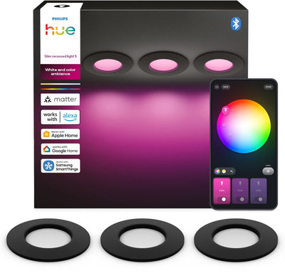 Dünner LED-Einbaustrahler von Philips Hue – Badezimmerbeleuchtung – Gu10-Fassung – enthält 3 Einbaustrahler – einstellbares weißes und farbiges Licht – Schwarz – IP44: spritzwassergeschützt – ø: 90 mm – intelligente Beleuchtung