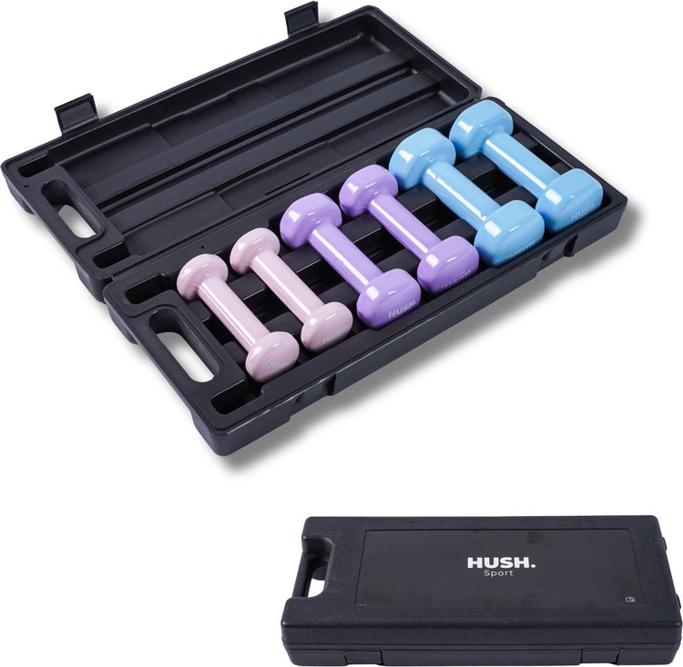 Hush Sport - Hantelkoffer-Set 6 kg - 6 Hanteln (2x 0,5 kg, 2x 1 kg, 2x 1,5 kg) - Vinylbeschichtung mit rutschfestem Griff - inklusive praktischem Aufbewahrungskoffer - für Krafttraining, Fitness-Yoga
