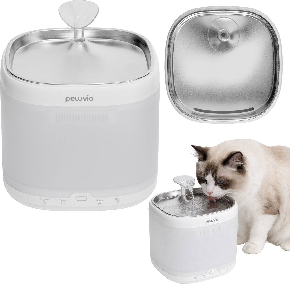 Peluvio rillan – Katzenwasserbrunnen mit Smart Radar – 2 l Reservoir – Doppelfiltersystem – USB-C-Akku – leise, hygienisch, energieeffizient