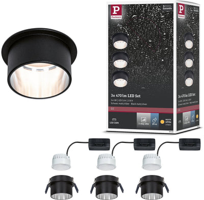 Paulmann LED Einbauleuchte 3-Stufen-dimmen Gil Coin Basisset IP44 rund 68 mm Coin 3x6W 3x470lm 230V dimmbar 2700K Schwarz matt, Stahl gebürstet