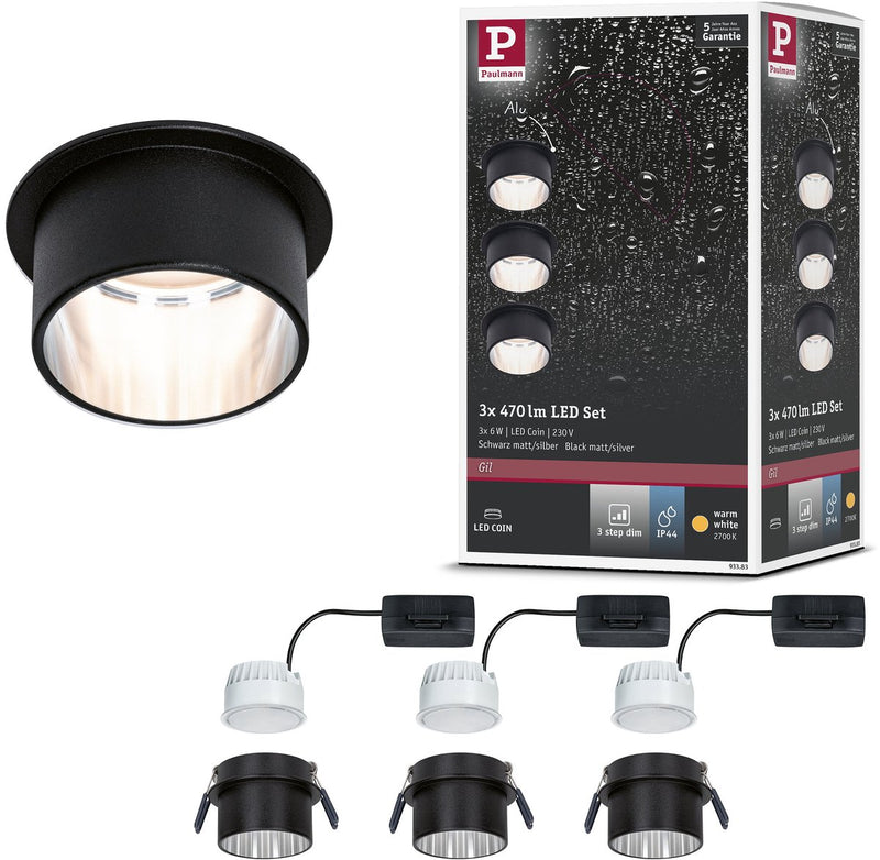 Paulmann LED Einbauleuchte 3-Stufen-dimmen Gil Coin Basisset IP44 rund 68 mm Coin 3x6W 3x470lm 230V dimmbar 2700K Schwarz matt, Stahl gebürstet