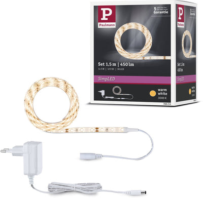 Paulmann einfacher LED-Streifen 1,5 Meter warmweiß 3000k - Plug-Play-Set - 5W - 300 lm m - 60 LEDs m - für den Innenbereich - beschichtet