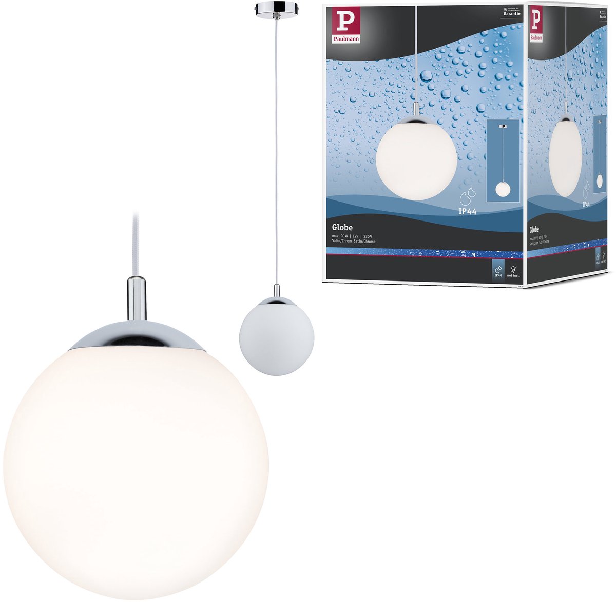 Paulmann Hängelampe Globus IP44 E27 max. 20 W satiniert, Chrom dimmbar