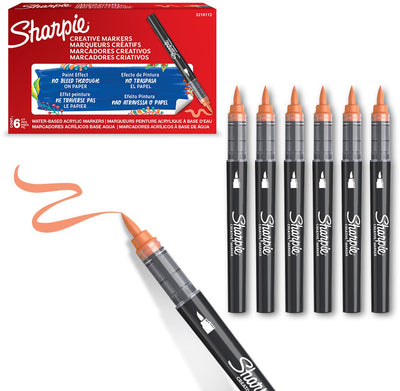 Sharpie creative marker acrylic paint markers | Pinselspitze | wasserbasierte Farbmarker | Tinte verläuft nicht und ist für die meisten Oberflächen geeignet | orange | 6 Stück