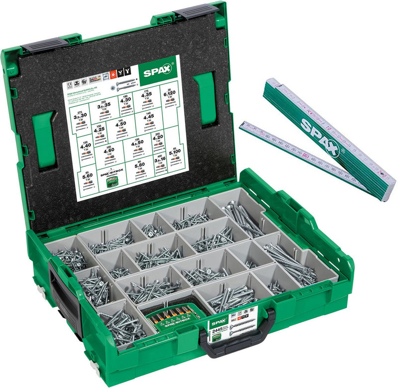 Spax Montagekoffer, L-Boxx, groß, Wirox A9J, T-Star Plus, Senkkopf, 16 Abmessungen, 2446 Teile, inkl. Bit-Check und Zollstock - 5000009160059