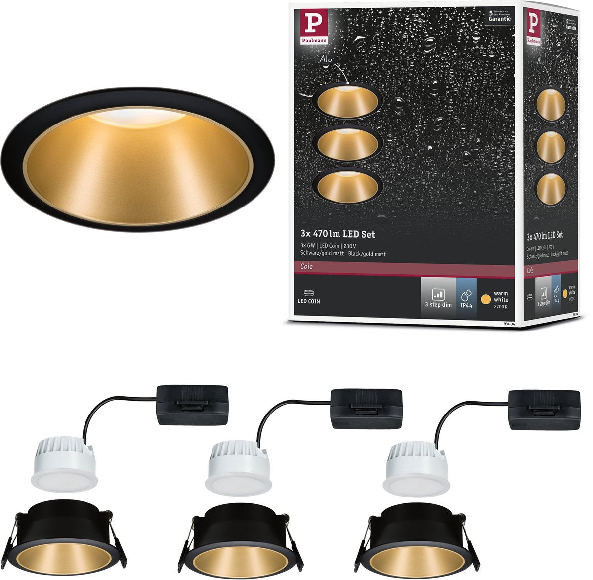 Paulmann LED Einbauleuchte 3-Stufen-Dim Cole Coin 3er Set IP44 rund 88mm Coin 3x6W 3x470lm 230V dimmbar 2700k Schwarz, Gold matt