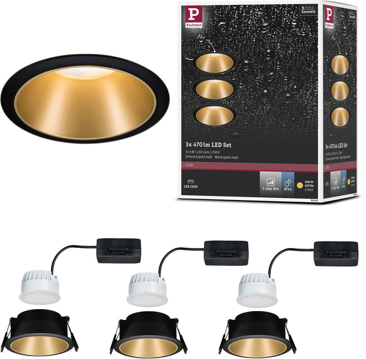 Paulmann LED Einbauleuchte 3-Stufen-Dim Cole Coin 3er Set IP44 rund 88mm Coin 3x6W 3x470lm 230V dimmbar 2700k Schwarz, Gold matt