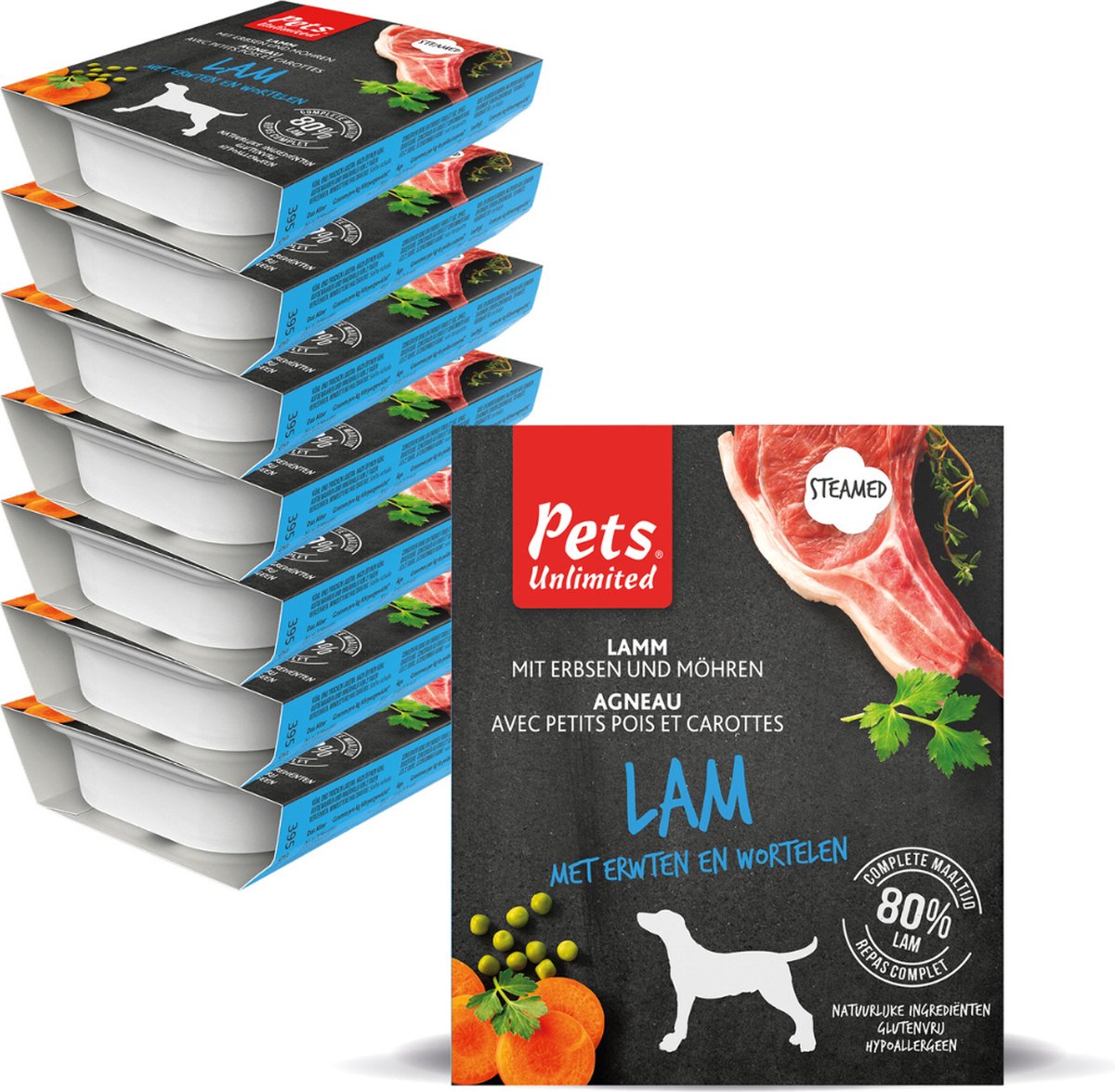 Pets unlimited – Nassfutter für Hunde – Lamm – gedämpftes Mehl – 7 Behälter x 395 g