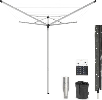 Brabantia Top-Spinner-Wäschetrockner – 40 m – mit Erdanker aus Metall – Schutzhülle – Wäscheklammerbeutel und Wäscheklammern – Metallic-Grau