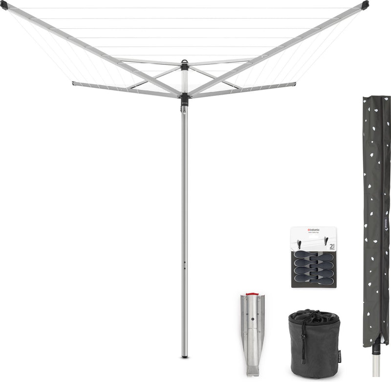 Brabantia Top-Spinner-Wäschetrockner – 40 m – mit Erdanker aus Metall – Schutzhülle – Wäscheklammerbeutel und Wäscheklammern – Metallic-Grau
