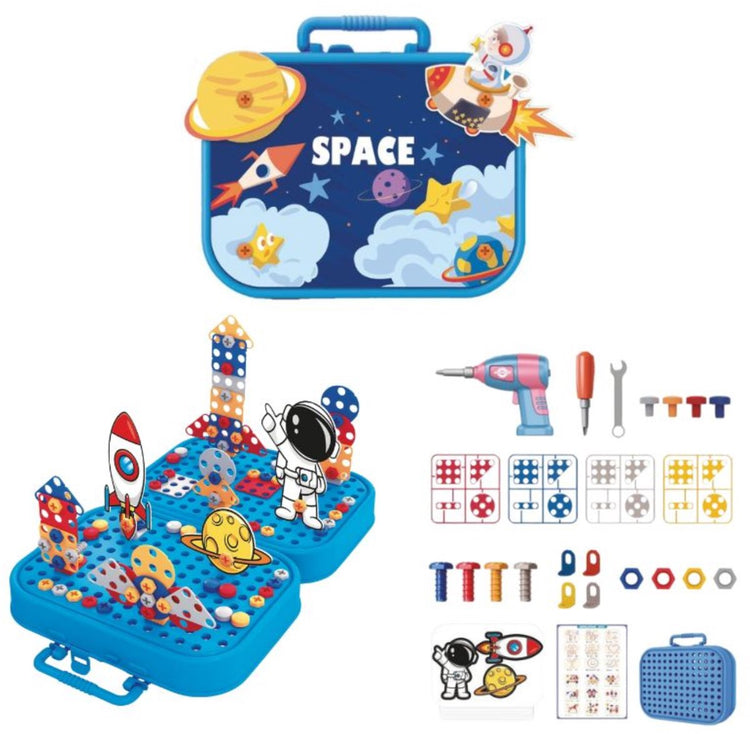 Eddy Toys Weltraumbaukasten – 228 Teile – Baukasten mit Koffer – Baukasten mit Spielzeugbohrer und Werkzeug – Weltraumbauspielzeug für Kinder