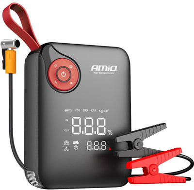 Amio tragbarer Mini-4-in-1-Starthilfe – Powerbank 12 V 600 A mit Luftkompressor und LED-Taschenlampe – tragbares Starter-Booster-Auto – intelligenter Batterie-Booster