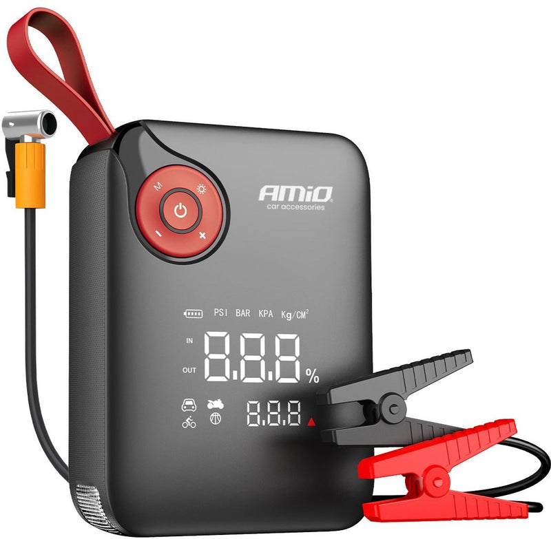 Amio tragbarer Mini-4-in-1-Starthilfe – Powerbank 12 V 600 A mit Luftkompressor und LED-Taschenlampe – tragbares Starter-Booster-Auto – intelligenter Batterie-Booster