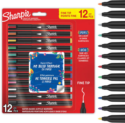 Sharpie kreative Marker-Acryl-Farbstifte | wasserbasierte Farbmarker | Nicht kontinuierliche Tinte schreibt auf den meisten Oberflächen | feiner Punkt | Bastel- und Künstlerbedarf | verschiedene Farben | 12 Stück