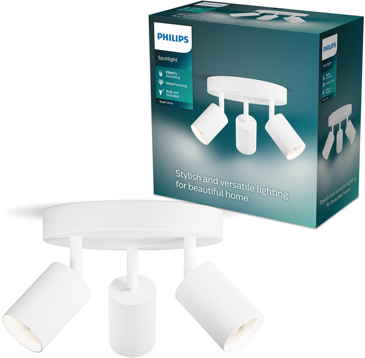 Philips Wyatt Aufbaustrahler – LED-Gu10-Fassung – ausrichtbar – 3 Lichtpunkte – runde Grundplatte – Clickfix – weiß