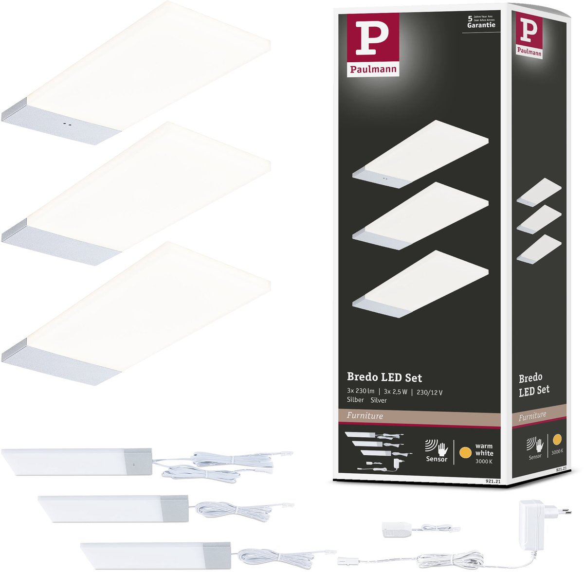 Paulmann LED Unterschrankbeleuchtung Bredo Näherungsschalter 3er Set 3x2,5W 80x190 mm 3x180lm 230 12V Silber