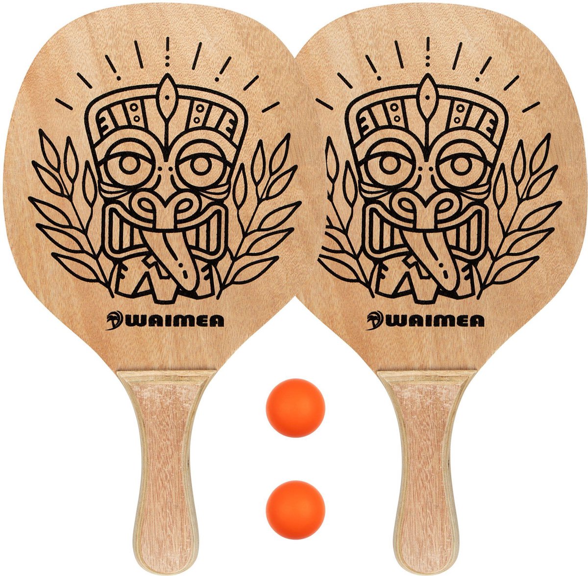 Waimea Strandpaddelball-Set mit Holzgriff – blanko, schwarz, fluoreszierend, orange