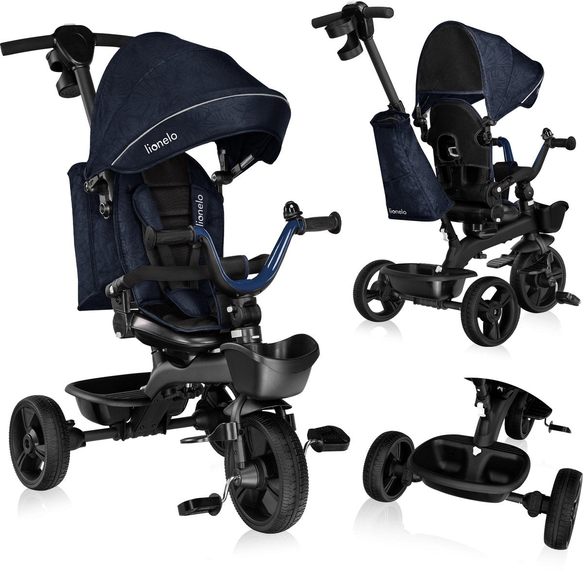 Lionelo Kori – Dreirad – Kinderfahrrad 2 in 1 – bis 5 Jahre – ab 9 Monate – sehr leicht – faltbar – bis 25 kg – drehbarer Sitz – verstellbare Schiebestange – sicherer 3-Punkt-Gurt – Freilaufrad und Lenker – verstellbare Markise mit Fenster – blau