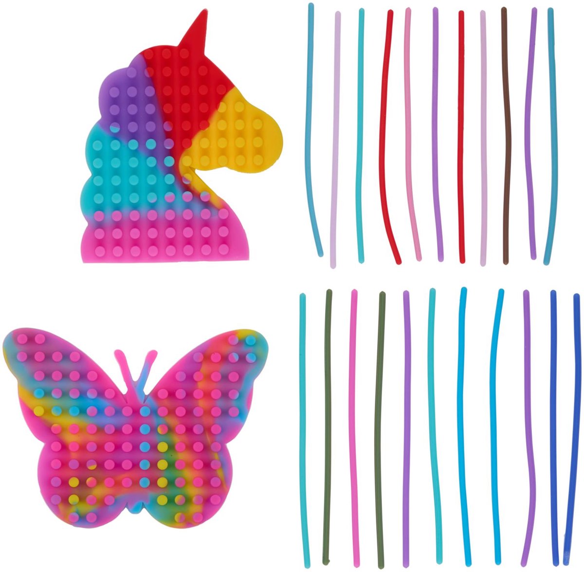 Eddy Toys Pop it Stringing-Spiel für Kinder – Zappelspielzeug mit Stringing-Funktion – Pop it Fidget aus Silikon – Motorikspielzeug Schmetterling oder Einhorn – pädagogisches Stringing-Spielzeug ab 3 Jahren – 1 zufälliges Set