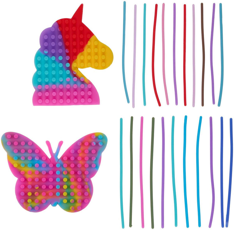 Eddy Toys Pop it Stringing-Spiel für Kinder – Zappelspielzeug mit Stringing-Funktion – Pop it Fidget aus Silikon – Motorikspielzeug Schmetterling oder Einhorn – pädagogisches Stringing-Spielzeug ab 3 Jahren – 1 zufälliges Set