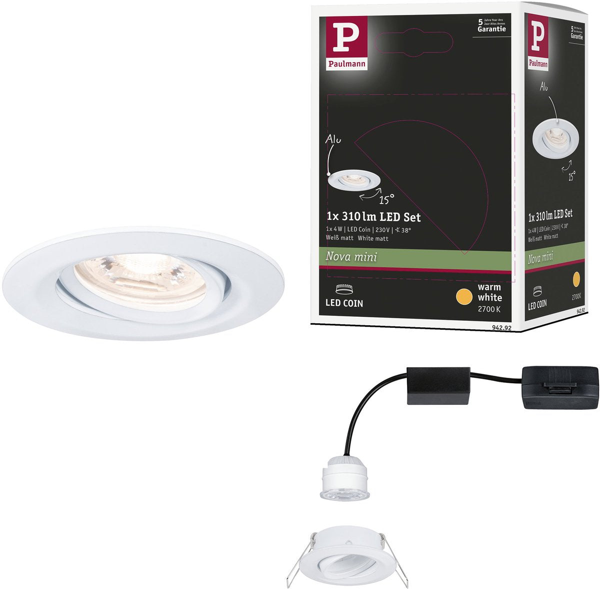 Paulmann LED Einbauleuchte Nova Mini Coin Einzelleuchte schwenkbar rund 66 mm 15° Coin 4W 310lm 230V 2700K weiß matt