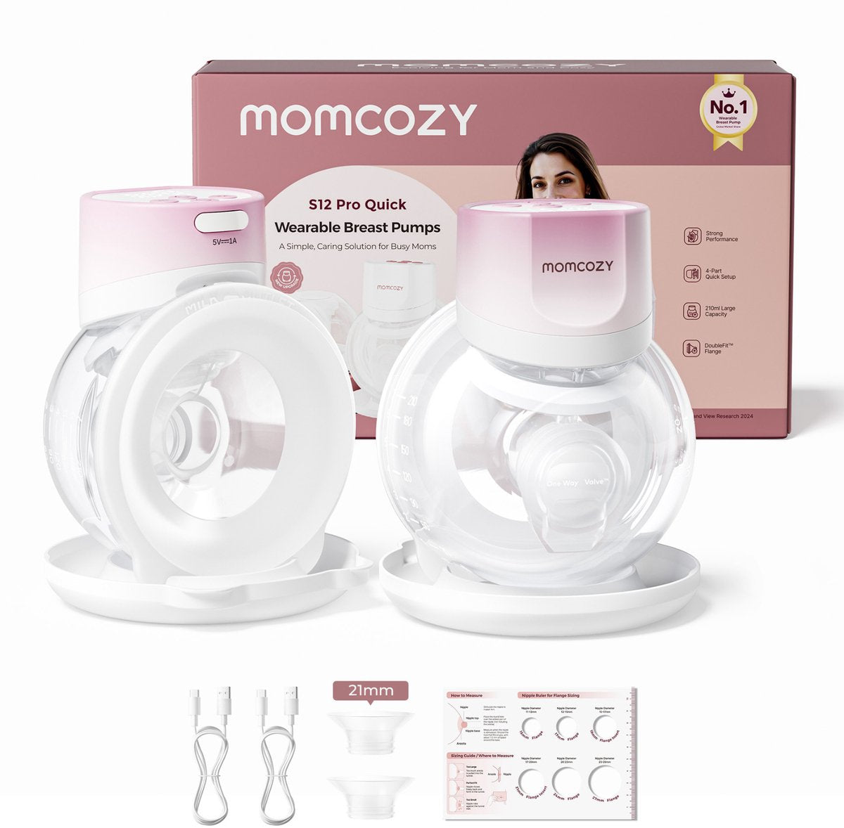 Momcozy s12pro Schnell-Freisprech-Milchpumpe – 2 Stück – extra leise und kompakt – elektrisch – wiederaufladbar – rosa weiß – s12pro+