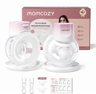 Momcozy s12pro Schnell-Freisprech-Milchpumpe – 2 Stück – extra leise und kompakt – elektrisch – wiederaufladbar – rosa weiß – s12pro+