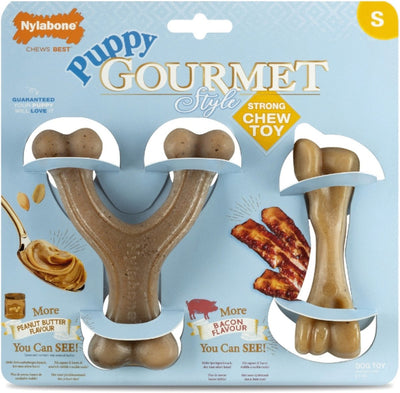 Nylabone Puppy Gourmet Doppelpack – Hundespielzeug – Erdnussbutter-Speck klein