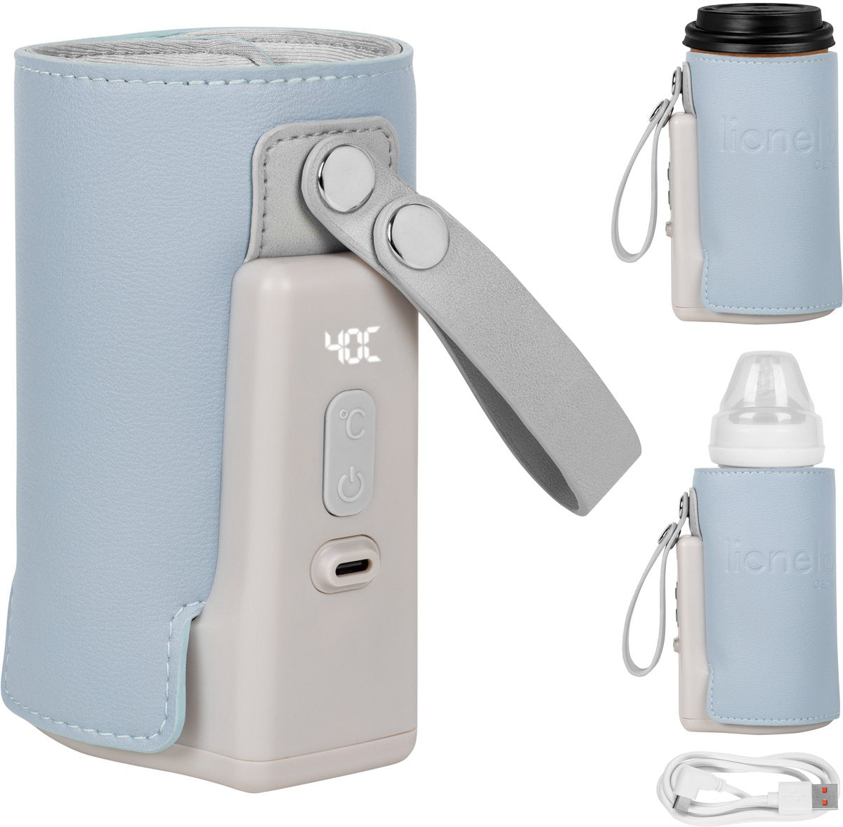 Tragbarer Flaschenwärmer Lionelo thermup go plus – 3000-mAh-Akku – bis zu 8 Stunden kabellose Nutzung – 5 Temperatureinstellungen 38–50 °C – USB-C wiederaufladbar – Thermostat gegen Überhitzung – für Flaschen 52–70 mm – BPA-frei