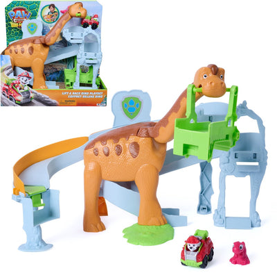 Paw Patrol – The Dino Movie – Elevator Race Dino-Spielset mit 25,4 cm großem Brachiosaurus, Marshall Pup Squad Racer und Rhabarber-Actionfigur