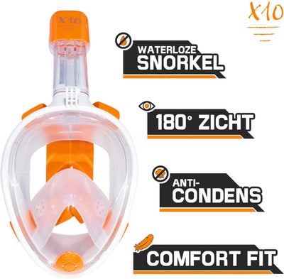 X10 Schnorchelmaske - Taucherbrille - Schnorchel - Schnorchelset - Vollgesichtsmaske - Erwachsene - Orange - S m