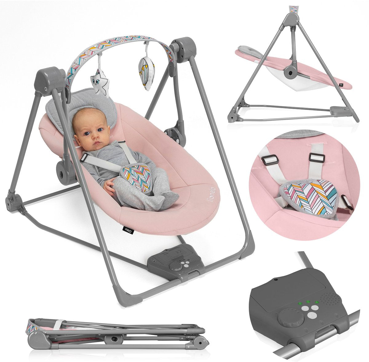Lionelo Otto Schaukelstuhl – bis 9 kg – 5 Schaukelgeschwindigkeiten – Timer – Spielbogen – Geräusche – Batterie-Netzbetrieb – klappbar – weiche Polsterung – 5-Punkt-Gurt – Kissen – Anti-Rutsch – kontrastierende Details – Intertek-zertifiziert