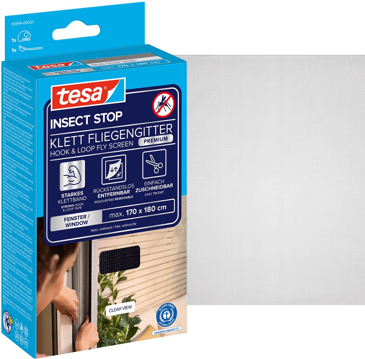 Tesa 1050476 – Insektenstopp Premium – Fliegengitter Klett schwarz 1,7x1,8m | 5 Stück