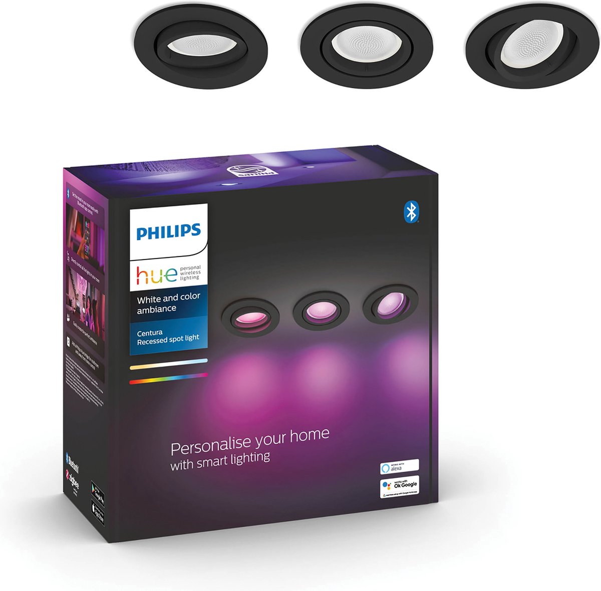 Philips Hue Centura Einbaustrahler – Weiß und Farbweiß – 3er-Pack – Schwarz – rund – GU10