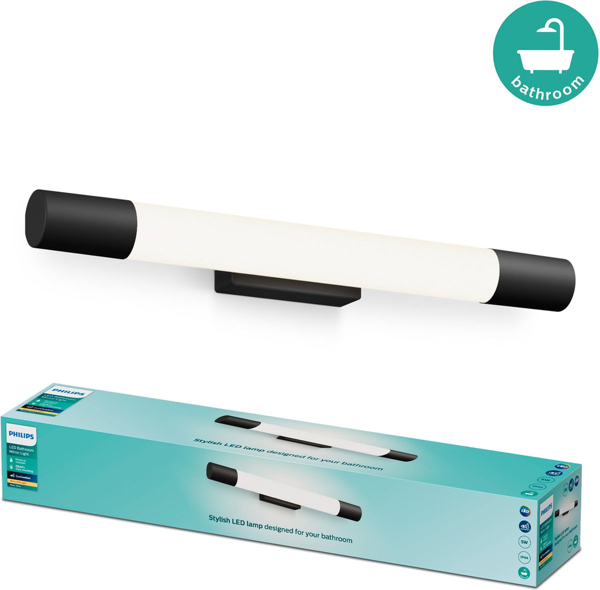 Philips LED Philips Rover Spiegelbeleuchtung – spritzwassergeschützt IP44 – 5W – warmweißes Licht – Badezimmerlampe – zylindrisch – Schwarz