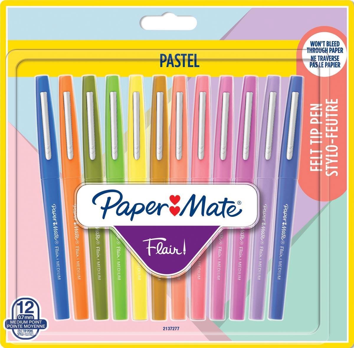 Paper Mate Flair Filzstifte | mittlere Spitze (0,7 mm) | verschiedene Pastellfarben | 12 Stück