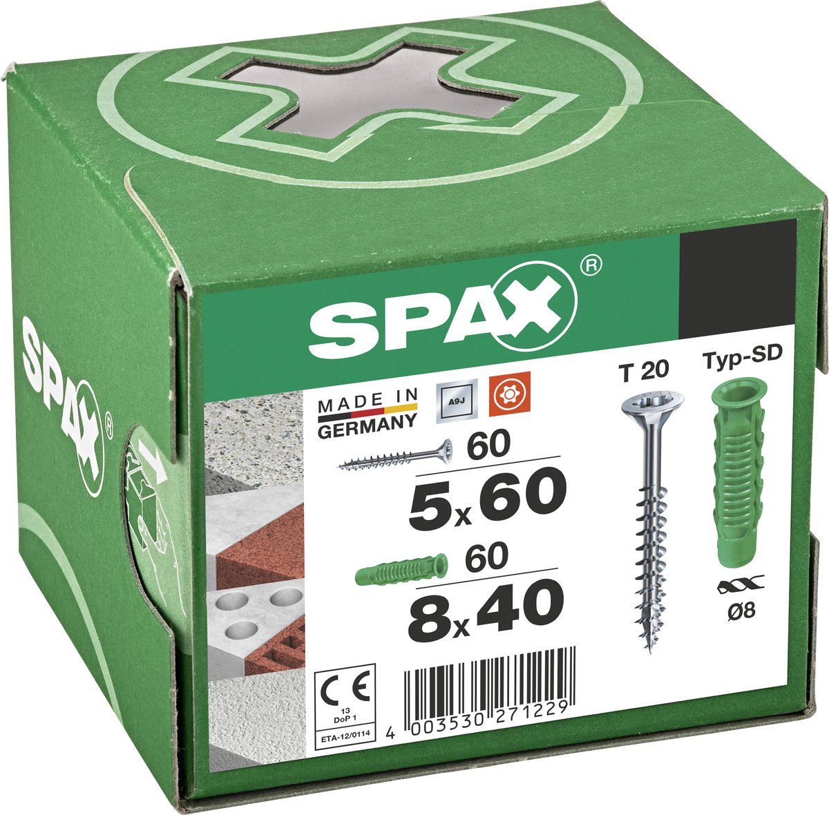 Spax-Dübel Typ SD 8 x 40 mm + Universalschraube, 5 x 60 mm, Senkkopf, Teilgewinde, T-Stern plus T20, Wirox, 60 + 60 Stück – 5000001200025