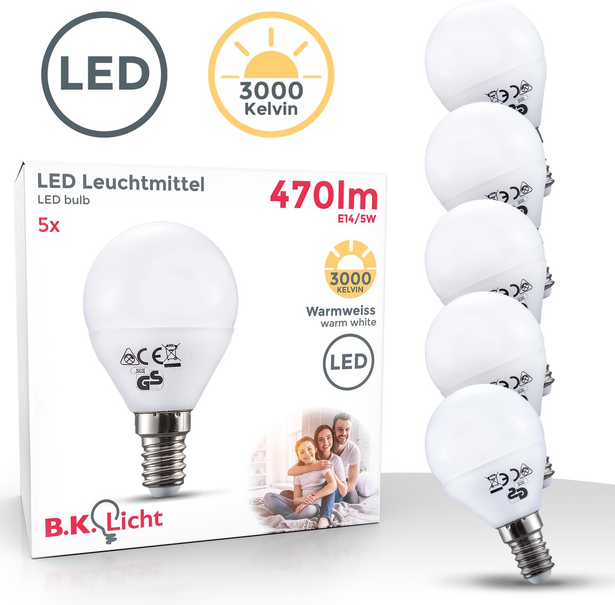 B.k.licht – E14-LED-Lichtquelle – 5er-Set – 5 W – 3.000 K warmweißes Licht – Lichter – LED-Lampe – Glühbirnen – Reflektorlampe