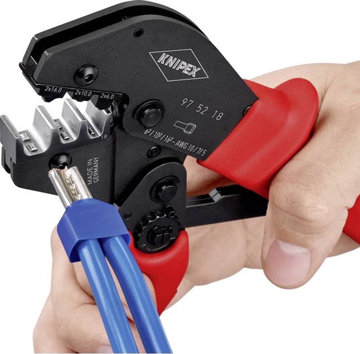 Knipex Crimpzange | Länge 250 mm | 2x6, 2x10, 2x16 (AWG 2x10, 2x7, 2x5) mm² | 1 Stück - 97 52 18 97 52 18