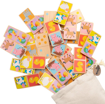 Woet® Dominospiel aus Holz mit Tieren – Spiele für Kinder – FSC – inklusive Aufbewahrungstasche – Lernspielzeug – ab 2 Jahren