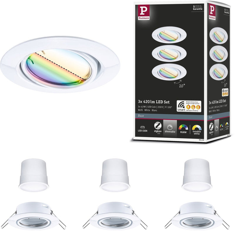 Paulmann LED Einbauleuchte Smart Home Zigbee 3.0 Sockel Münzsockel Set schwenkbar rund 90 mm 20° Münze 3x4,9W 3x420lm 230V dimmbar RGBW+ weiß